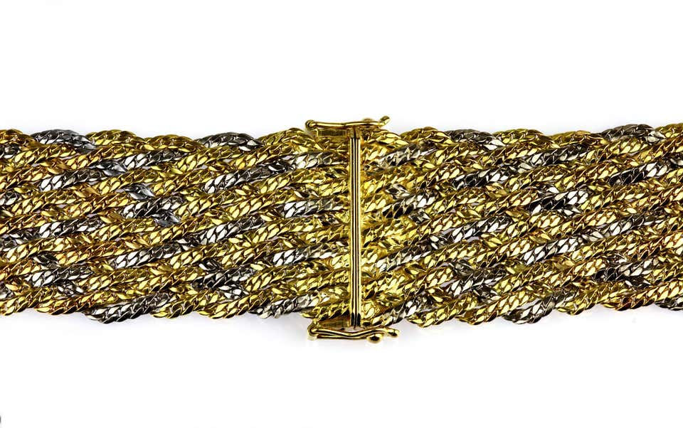 Thumbnail: Vintage, Retro, Wide Flat Weave Necklace with Yellow, White, Rose Gold in 18K