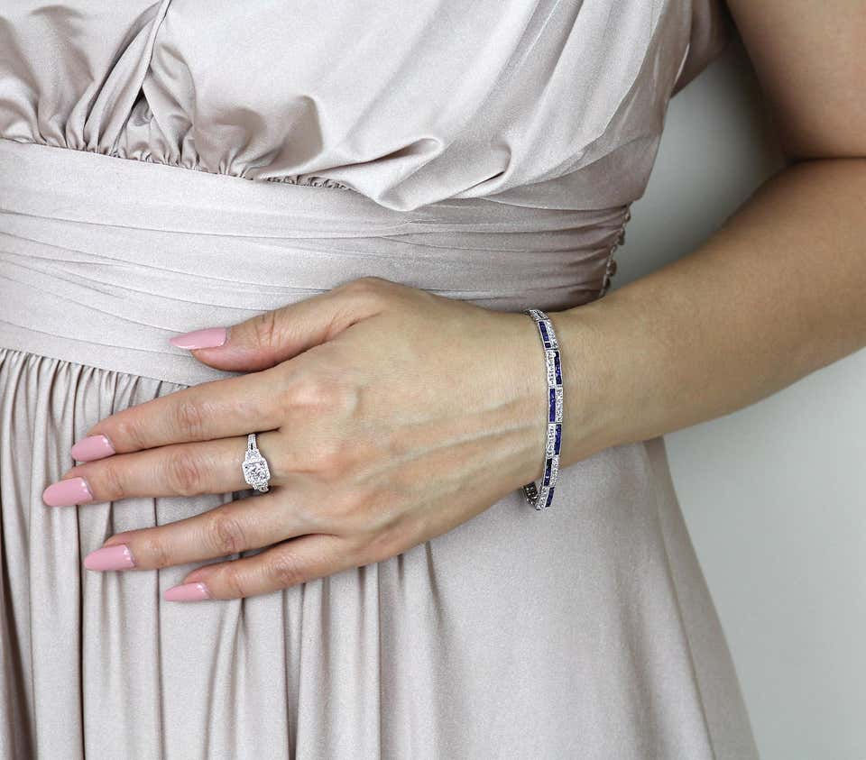 Thumbnail: Antique Victorian Diamonds and Sapphire Two-Tier Line Bracelet Set in Platinum