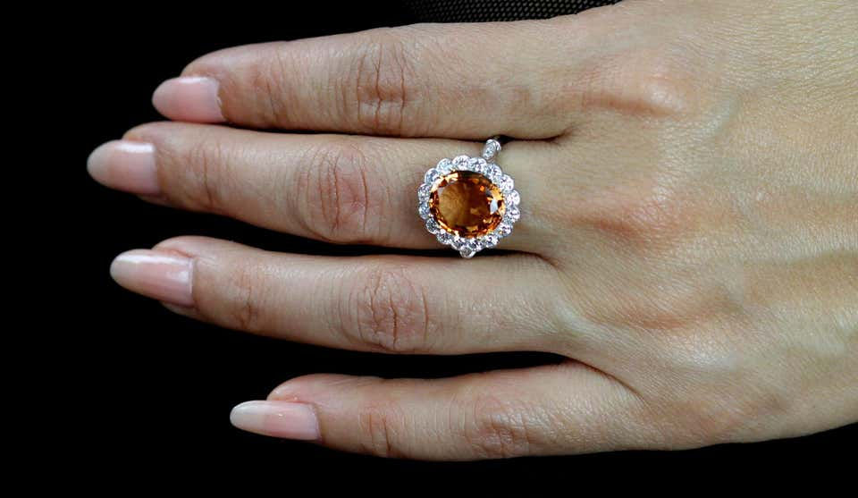 Thumbnail: Brazilian Imperial Topaz Orange Color 4.8ct and Diamond Cluster Ring in Platinum
