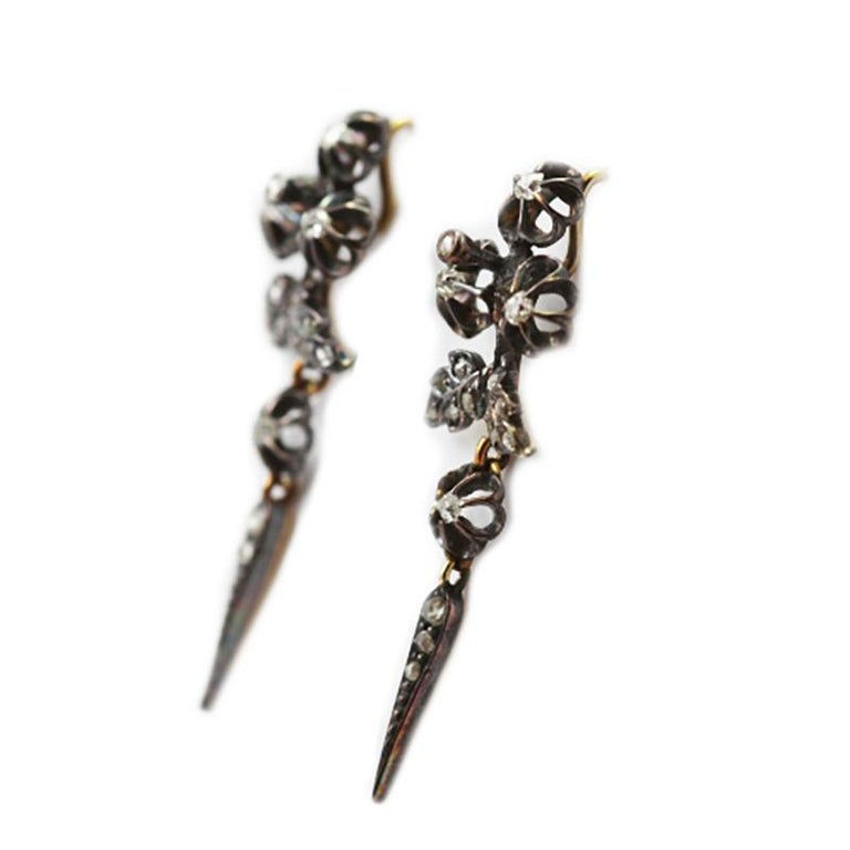 Thumbnail: Antique Victorian Old Mine & Rose Cut Diamond Drop Flower Earrings