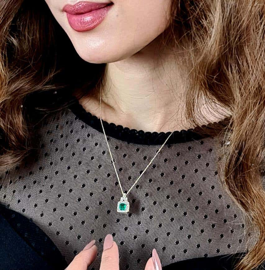 Thumbnail: Colombian Emerald Vivid Green Color and Diamond Rectangular Shape Pendant