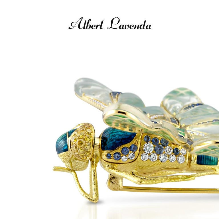 Thumbnail: Plique A Jour, Guilloche Enamel flexible dragon fly brooch Sapphire 18 ct Gold