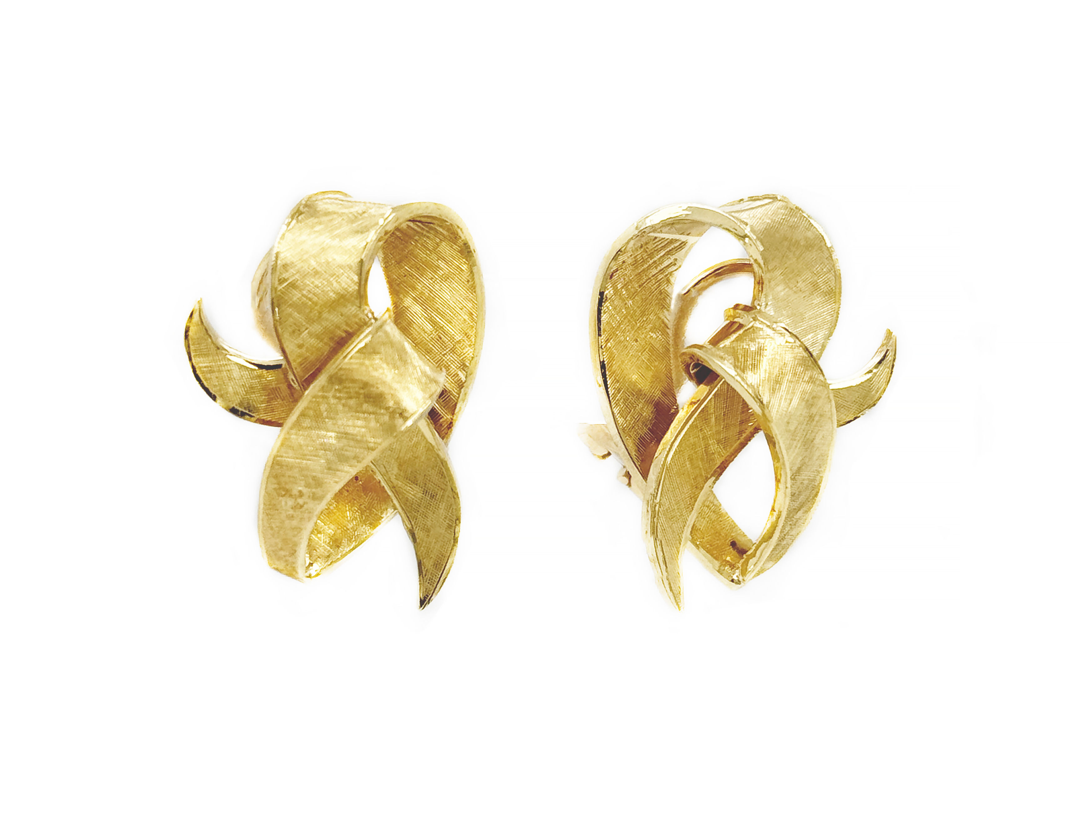 Vintage Sculptural Ribbon Design Earrings in Textured 18ct Yellow Gold Clip On