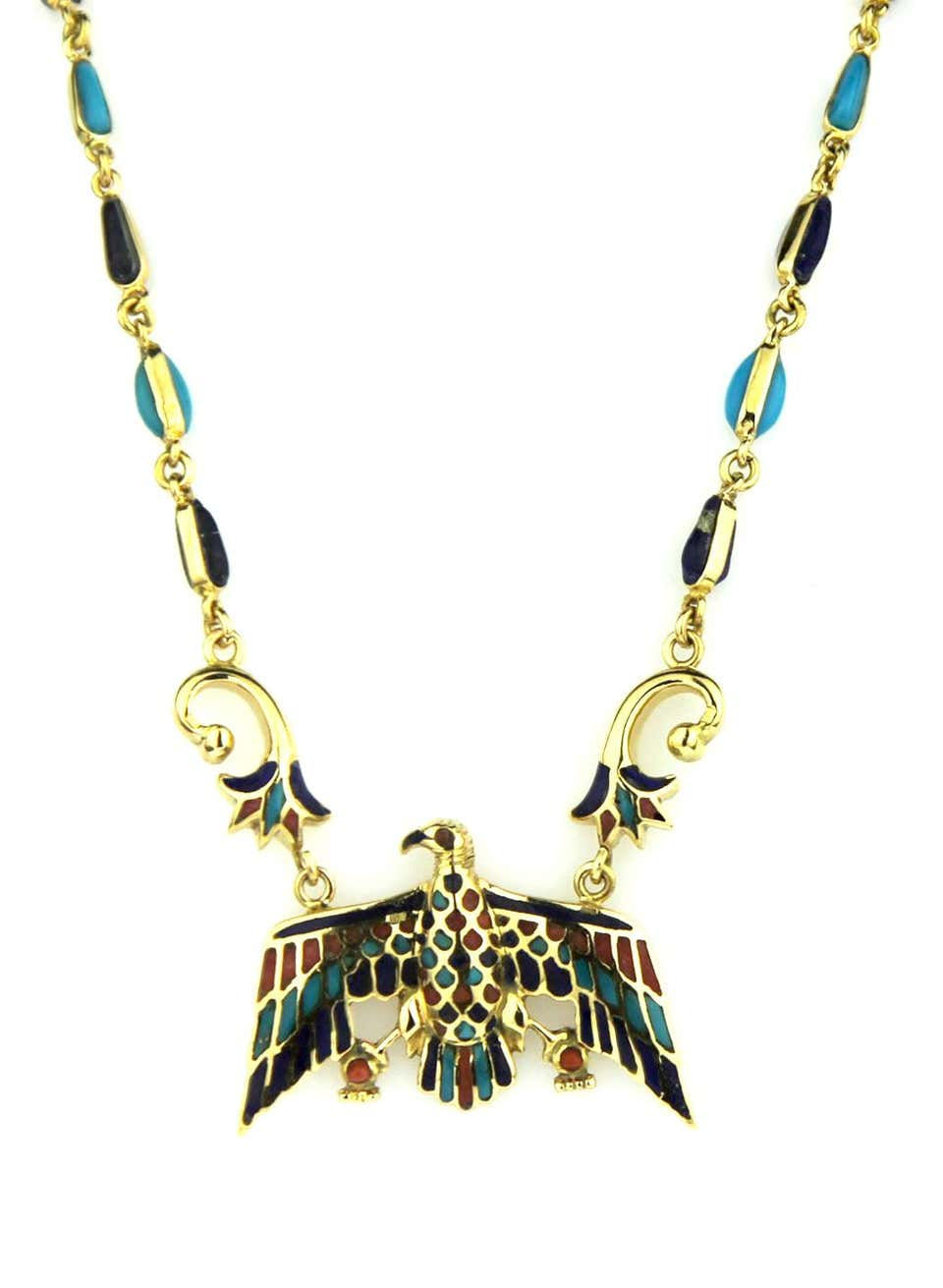 Thumbnail: Vintage Eagle Necklace in 18K Gold, Coral, Lapis Lazuli, and Turquoise Mosaics