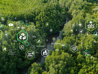technology shaped environmental symbols float above a green landscape to illustrate ESG for SaaS companies.