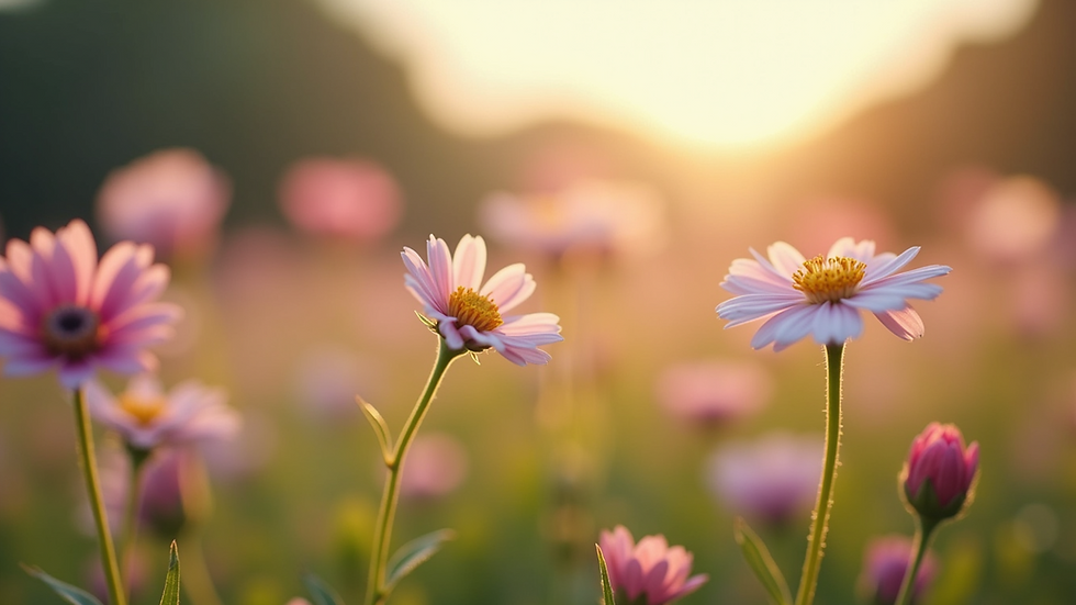 Close-up view of a serene nature scene with blooming flowers