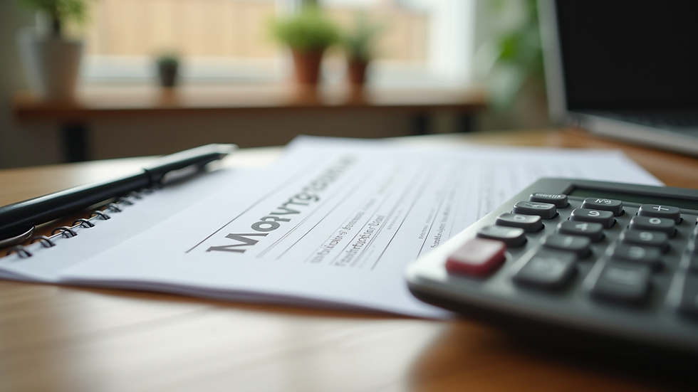 Close-up view of a calculator and mortgage documents on a wooden table