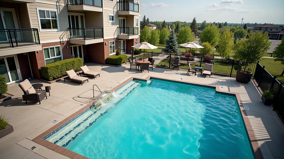High angle view of Saskatoon condo amenities including pool and outdoor seating
