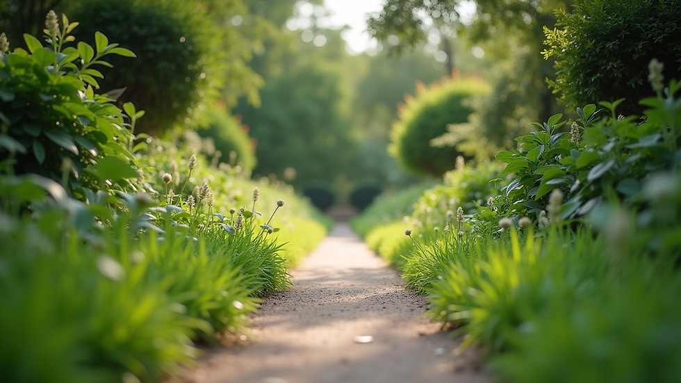Eye-level view of a serene garden path surrounded by lush greenery