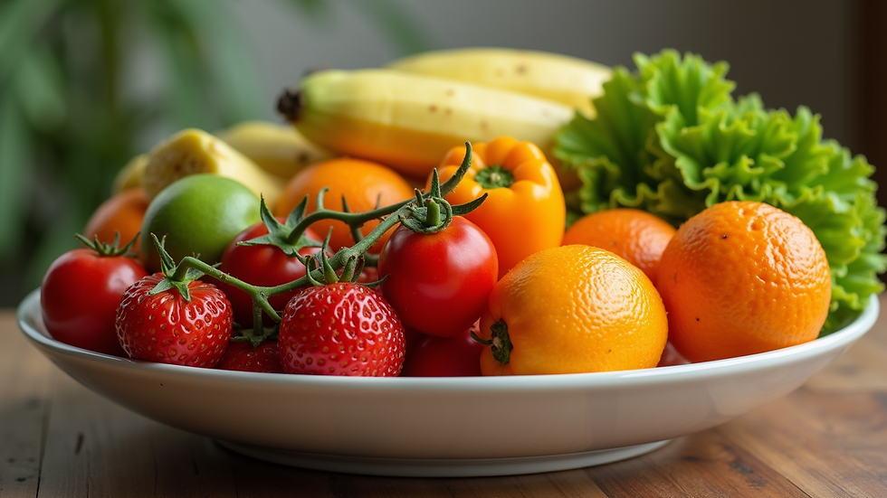 Close-up view of a vibrant bowl of fresh fruits and vegetables