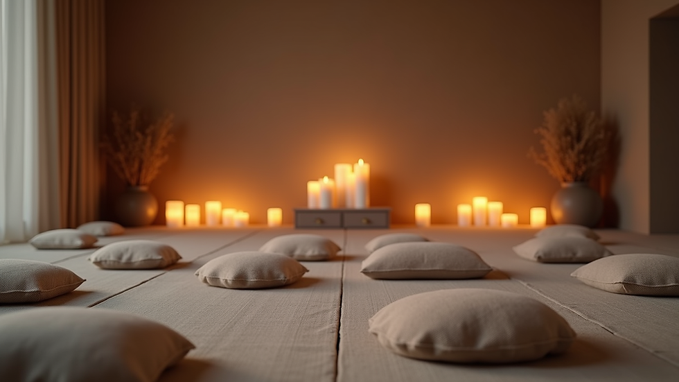 Eye-level view of a serene meditation space with candles and cushions