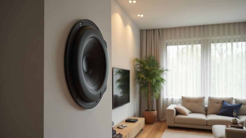 Eye-level view of in-ceiling speakers installed in a modern living room