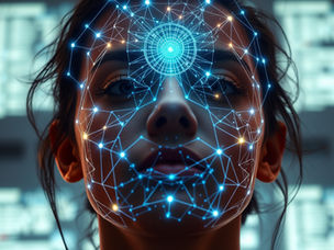 close de uma mulher com conexões digitais no rosto
