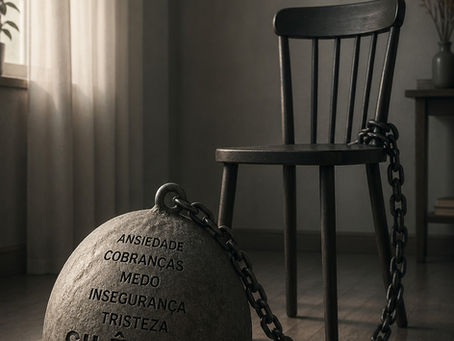 Cadeira com correntes ligada a um peso de sentimentos