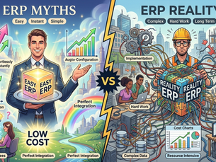 ERP myths versus reality infographic comparing common ERP misconceptions with best practices for manufacturers using Infor CloudSuite Industrial (SyteLine)
