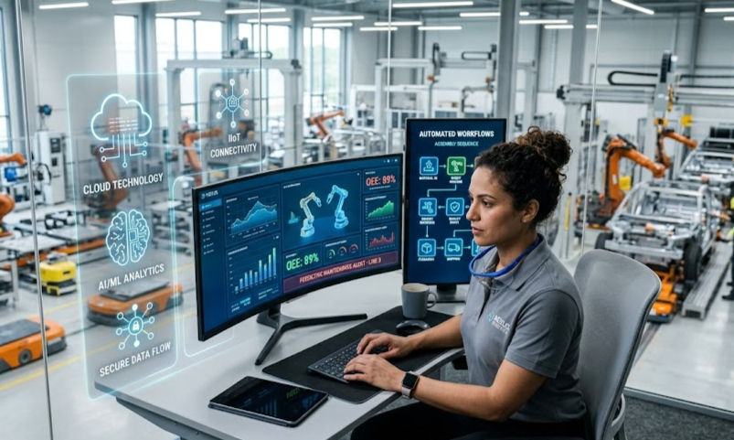 Manufacturing professionals using a modern ERP system with AI-powered analytics, workflow automation dashboards, cloud ERP technology, cybersecurity monitoring, real-time reporting, and supply chain visibility tools.