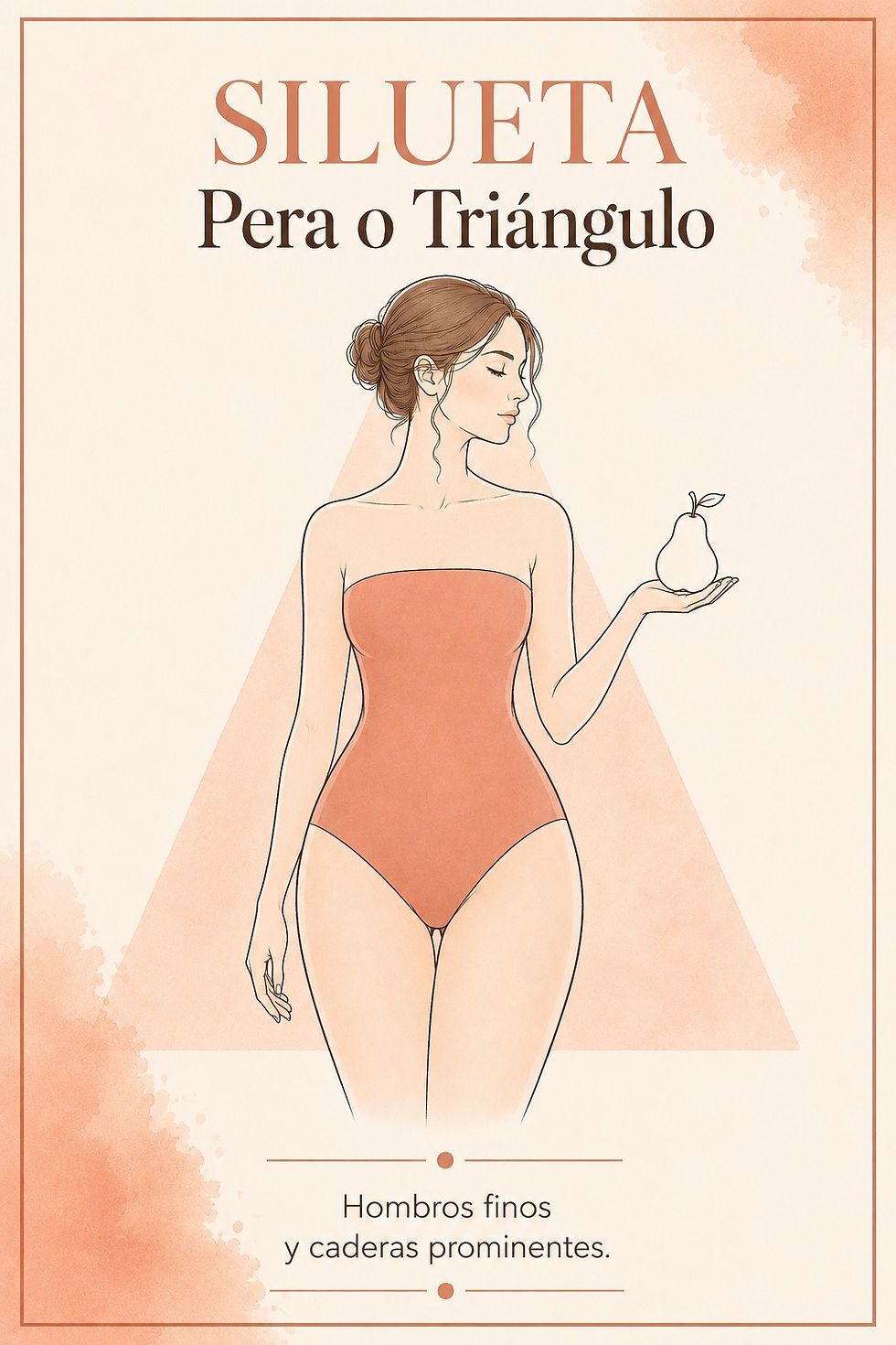 Tarjeta educativa con marco marrón sobre fondo crema. En el centro, una ilustración lineal de un torso femenino con hombros finos y caderas suavemente redondeadas, vistiendo un leotardo strapless terracota y sosteniendo una pequeña pera en la mano sobre un fondo de triángulo translúcido. Lleva el título SILUETA Pera o Triángulo arriba y la descripción Hombros finos y caderas prominentes abajo.
