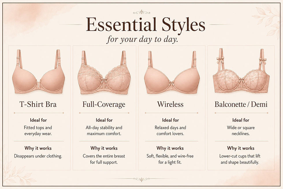 Educational infographic banner with a brown border on a cream background titled Essential Styles for your day to day. It displays four columns with detailed line art illustrations of a T-Shirt Bra, a Full-Coverage Bra, a Wireless Bra, and a Balconette Bra, each featuring structured text blocks for Ideal for and Why it works in English.