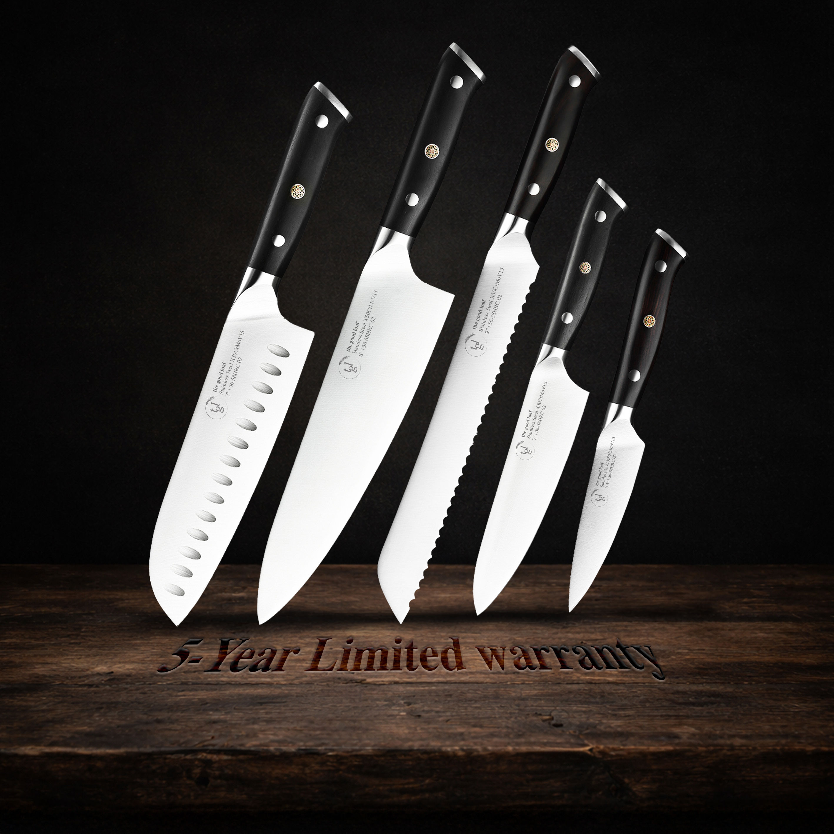 TGL 5-Piece Knife Set featuring chef, Santoku, utility, paring and bread knives, available in Singapore.
