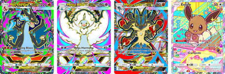 pokemon.com 官方《Deluxe Pack: Mega》卡圖並列:Mega Charizard X ex(HP 220)、Mega Altaria ex(HP 190)、Mega Lucario ex(HP 190)、Eevee(HP 50)