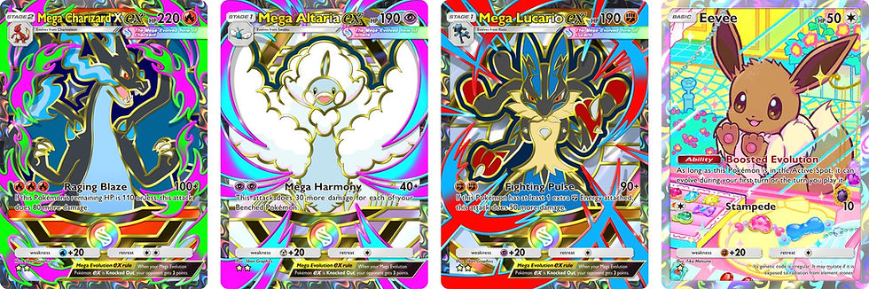 pokemon.com 官方《Deluxe Pack: Mega》卡圖並列:Mega Charizard X ex(HP 220)、Mega Altaria ex(HP 190)、Mega Lucario ex(HP 190)、Eevee(HP 50)