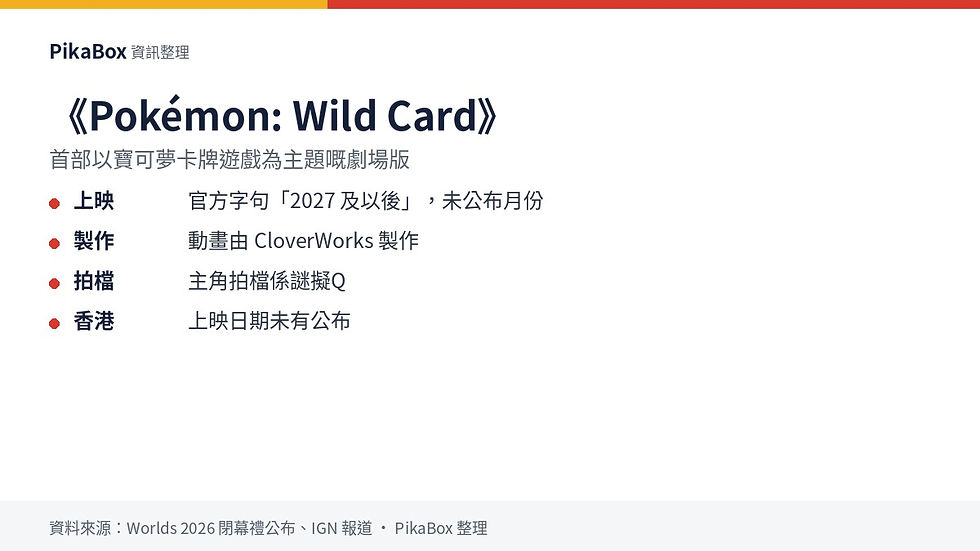 PikaBox 自製資訊卡:《Pokémon: Wild Card》上映資訊,2027 及以後、CloverWorks 製作、拍檔謎擬Q
