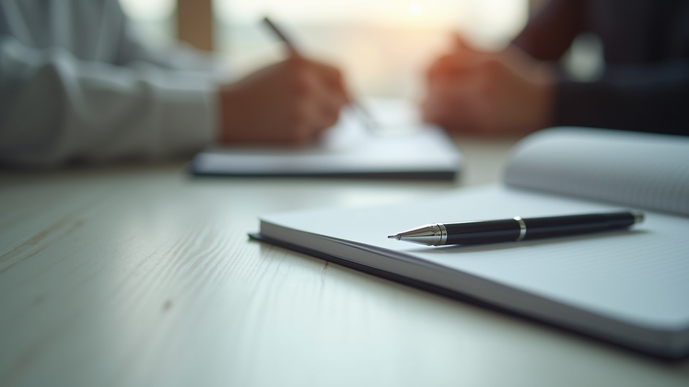 Close-up view of a notebook and pen on a therapy desk