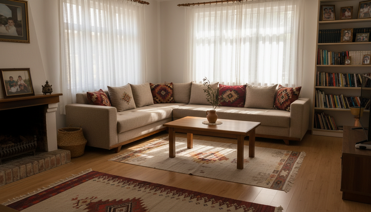 Wide-angle view of a clean living room after a professional home cleaning service