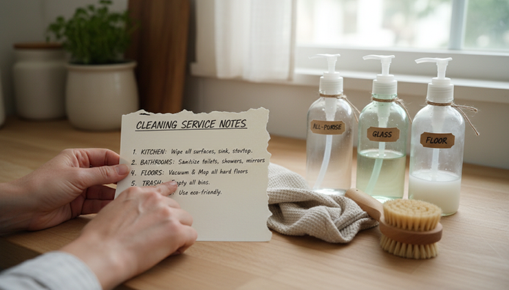 Close-up of hands checking a written cleaning service note beside labeled cleaning bottles