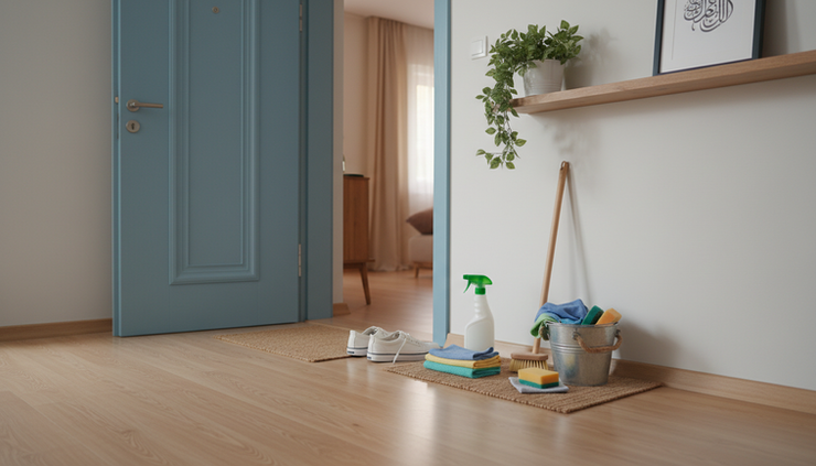 Wide-angle view of a clean home entrance with cleaning supplies arranged neatly near the door