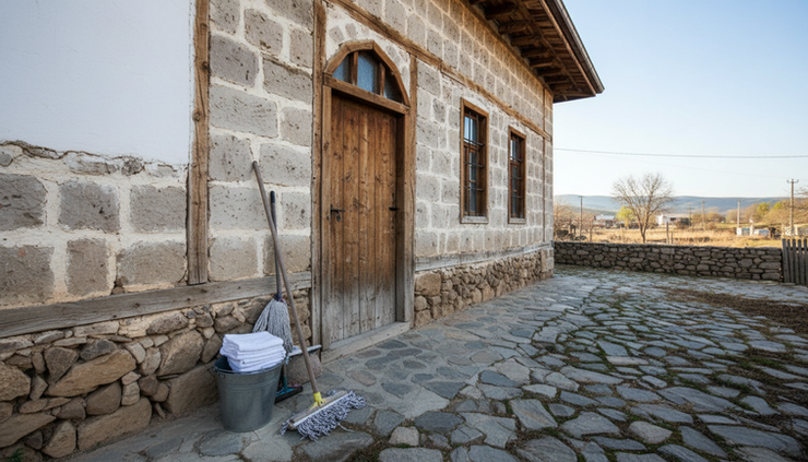 Wide-angle view of a clean village house entrance with cleaning tools placed neatly by the door.