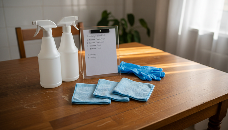 Close-up view of microfiber cloths, spray bottles and a cleaning checklist on a wooden surface.