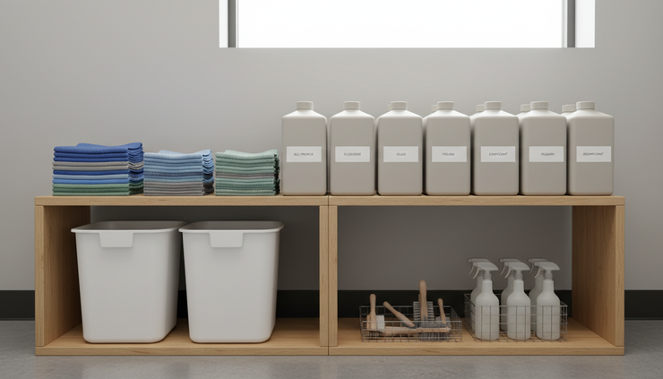 Eye-level view of a tidy cleaning supply storage shelf with cloths, buckets, and labeled containers