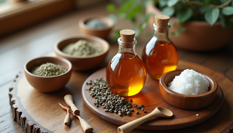 High angle view of traditional Korean herbal oils and massage tools arranged neatly