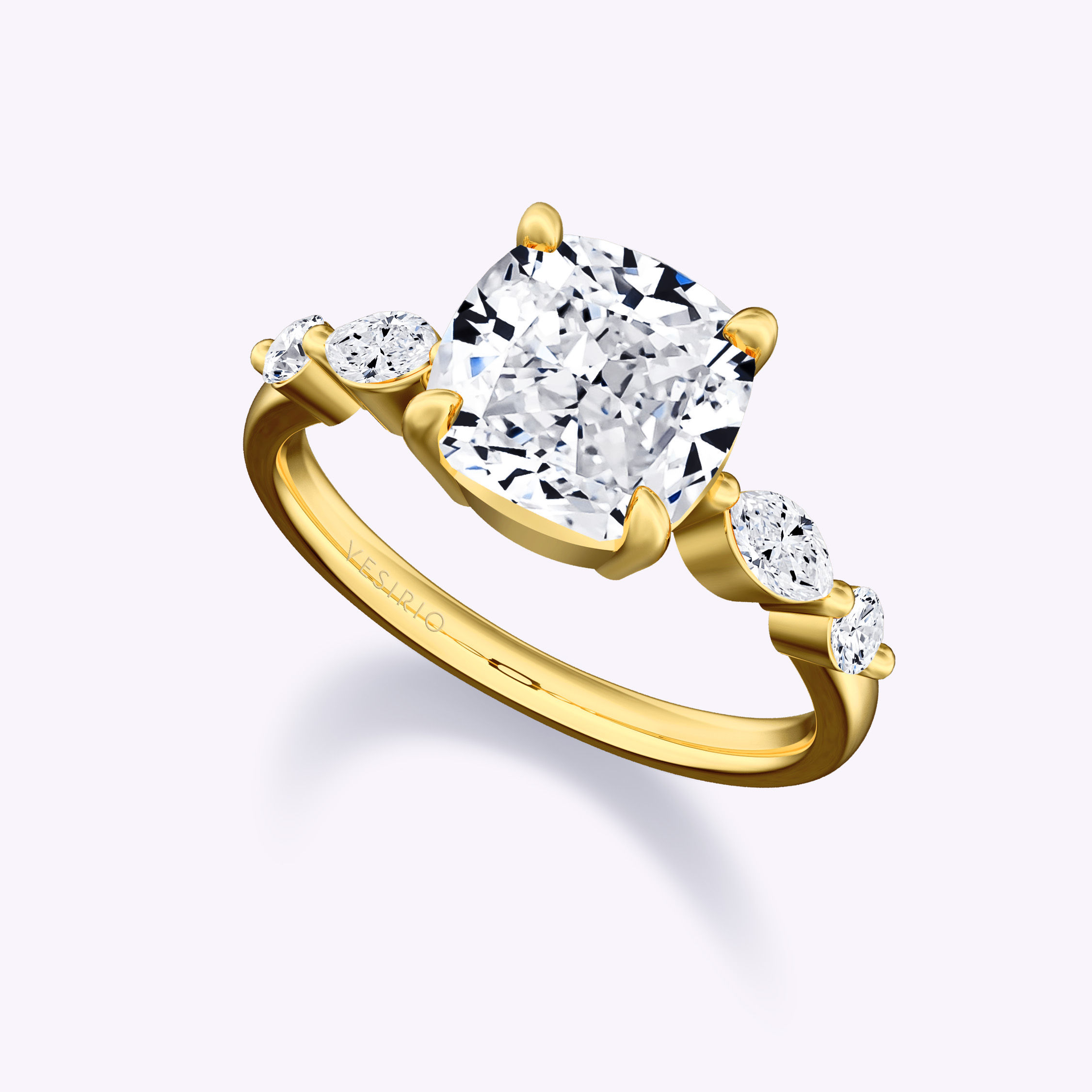 Unique Side Accents Cushion Diamond Engagement Ring | 18K Yellow Gold