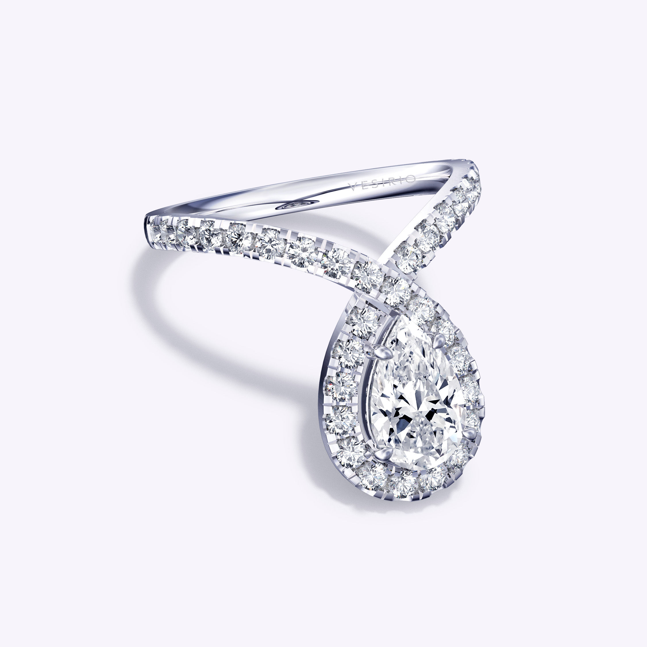 Unique Modern V-Shaped Twisted Pavé Halo Diamond Engagement Ring