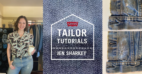 a smiling brown haired woman, a sign that says "Tailor Tutorials Jen Sharkey", a repaired hole in denim