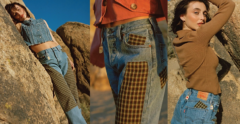 three photos of Emma Chamberlain wearing light wash jeans with brown plaid patches