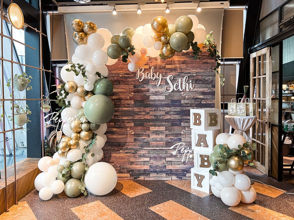 Sage Green & Gold Balloon Backdrop With Plant Accent