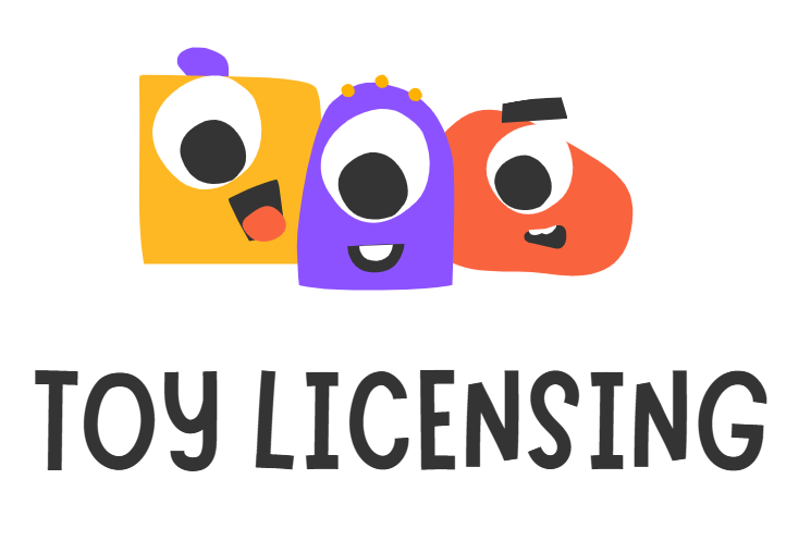 Three cartoon characters in yellow, purple, and red with big eyes smile above bold text: "TOY LICENSING". White background.