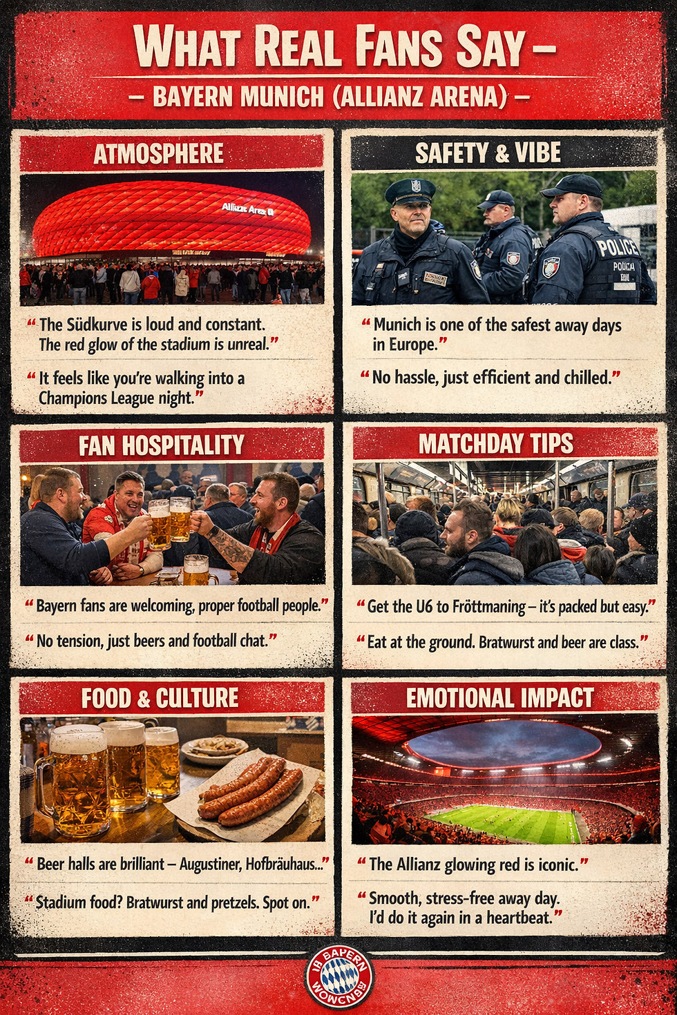 Infographic detailing fan experiences at Bayern Munich's Allianz Arena, highlighting atmosphere, safety, hospitality, food, and emotional impact.