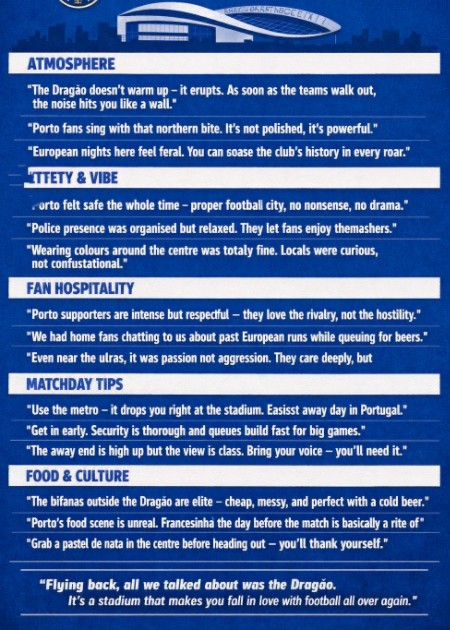 Blue infographic about Dragão stadium atmosphere, fan vibe, matchday tips, and Porto food and culture, with white text sections.