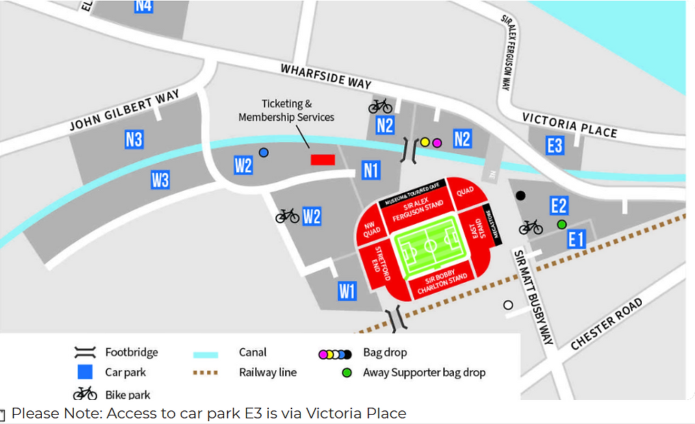Map of a stadium with colored zones, parking, bike, and bag drop areas. Canal, railway lines, and pathways are highlighted in blue and brown.