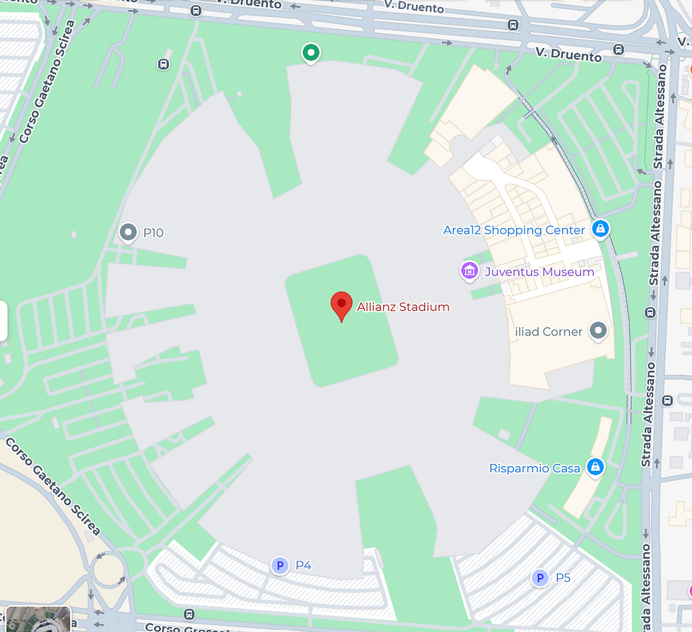 Map of Allianz Stadium in Turin with nearby labels like Juventus Museum, Area12 Shopping Center, and parking lots.