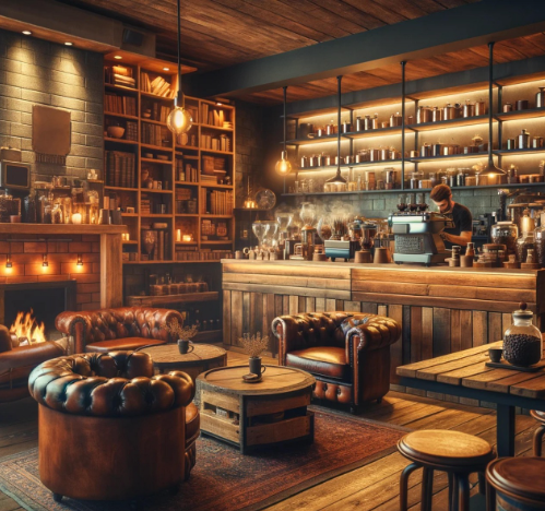 Cozy rustic café lounge with leather chairs, shelves of jars and books, warm fire, and a barista making espresso at the counter