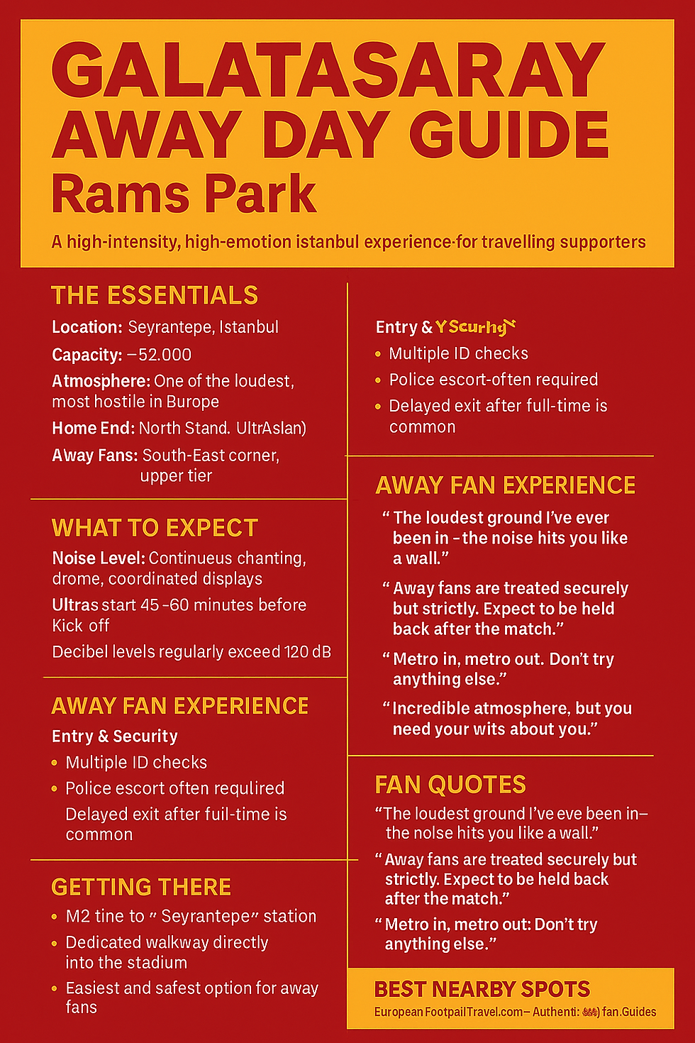 Galatasaray Away Day Guide for Rams Park detailing location, fan experience, entry, security, and travel tips. Red and yellow design.