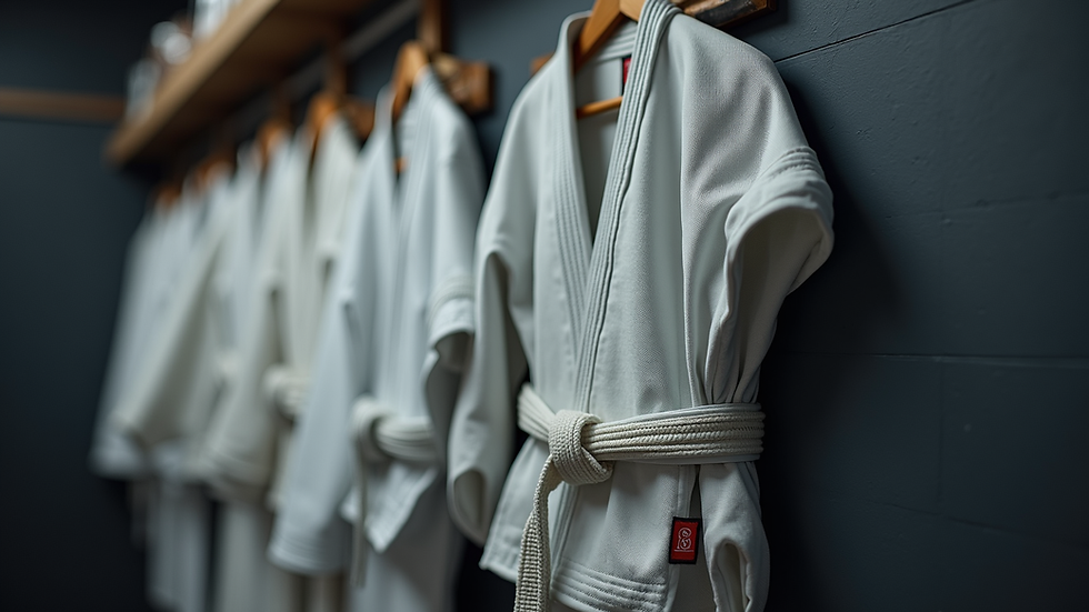 Eye-level view of a single BJJ gi hanging on a wall rack