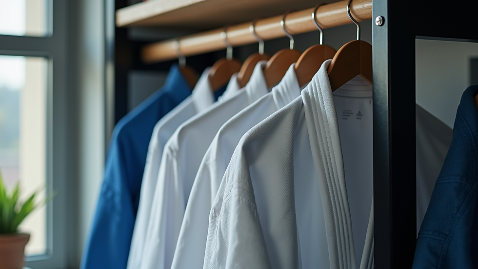 Eye-level view of a BJJ gi hanging on a rack