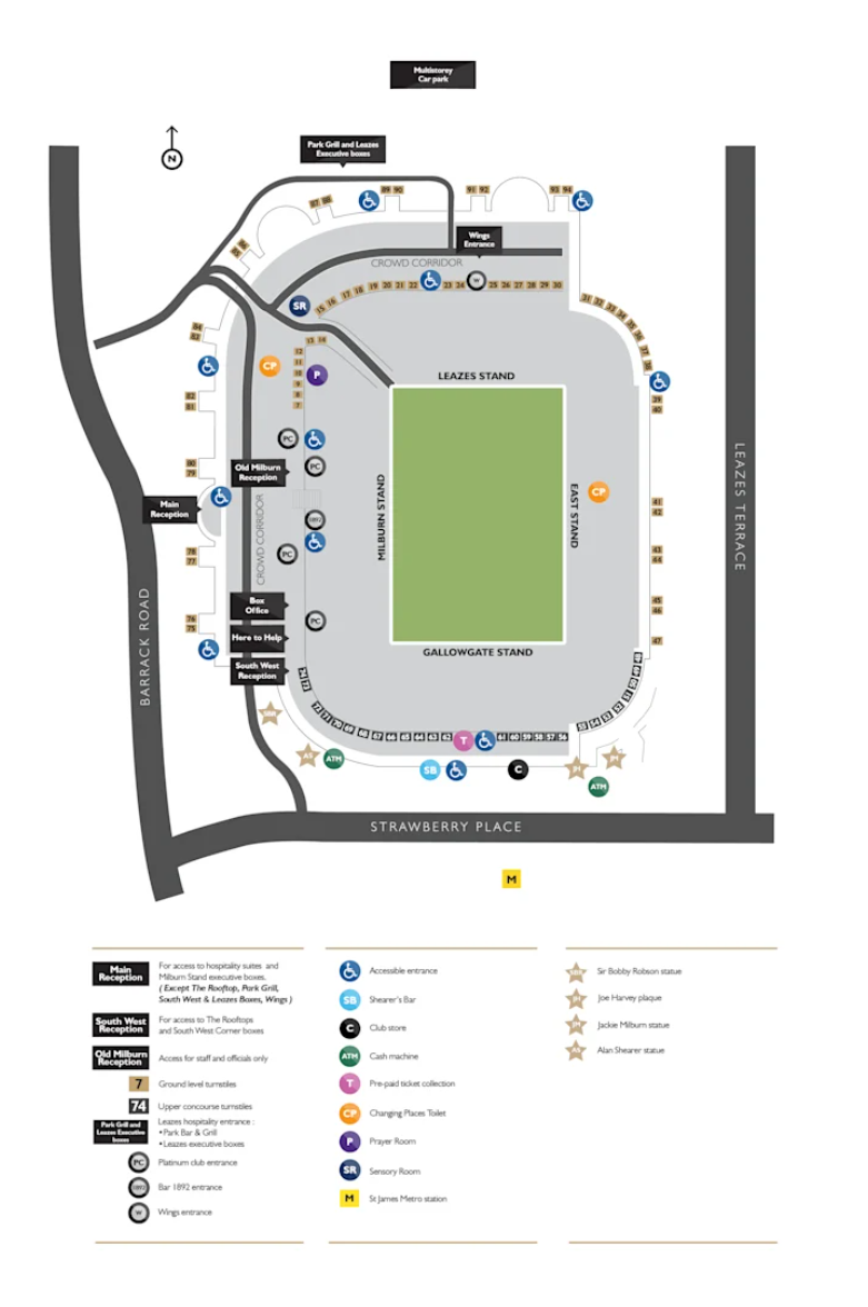 Stadium map of St James' Park showing stands, entrances, roads, and accessibility icons around the pitch.