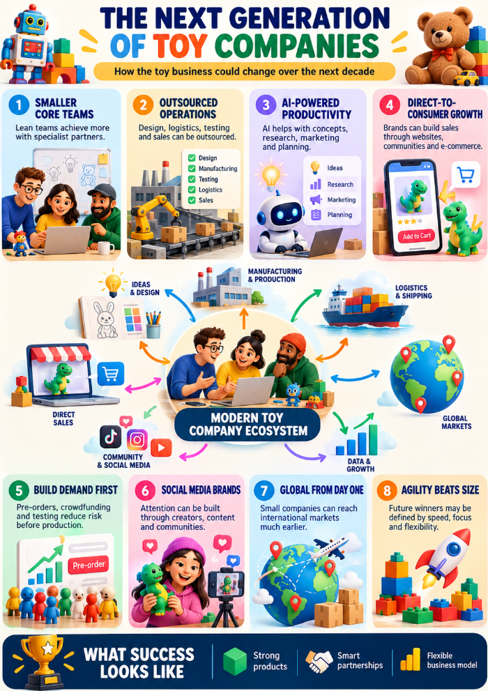 Infographic titled The Next Generation of Toy Companies shows robots, kids, toys, factories, online sales, and growth strategy icons.